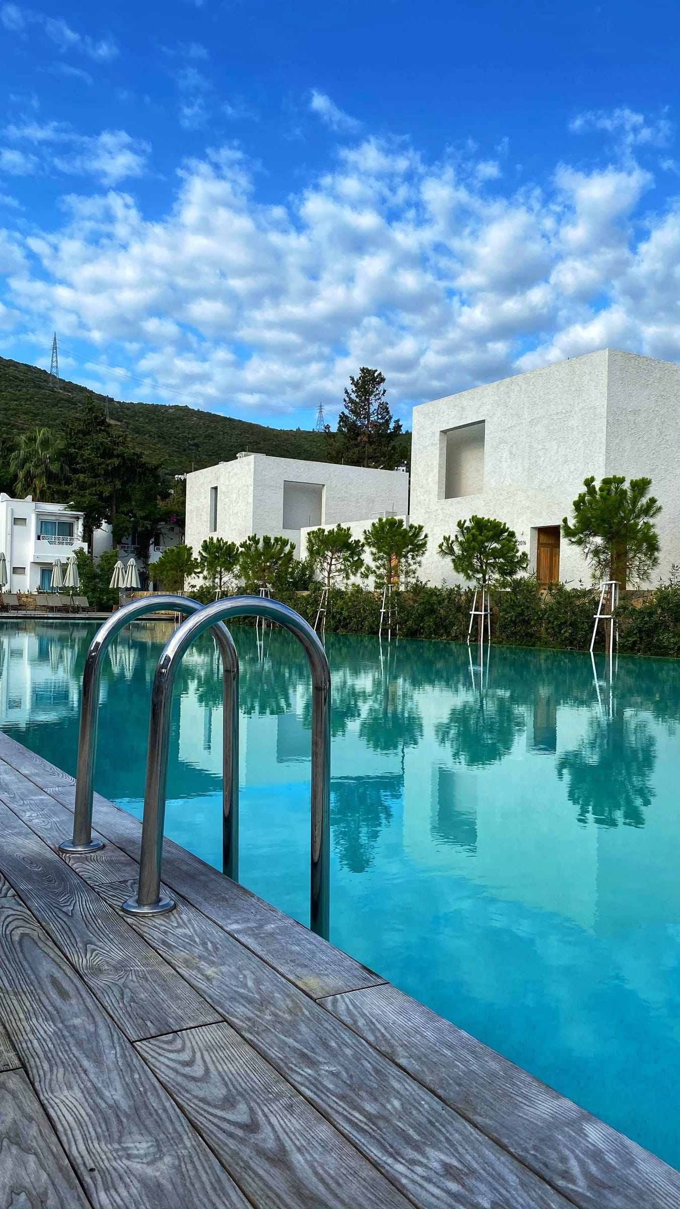 A white-fronted house with a pool