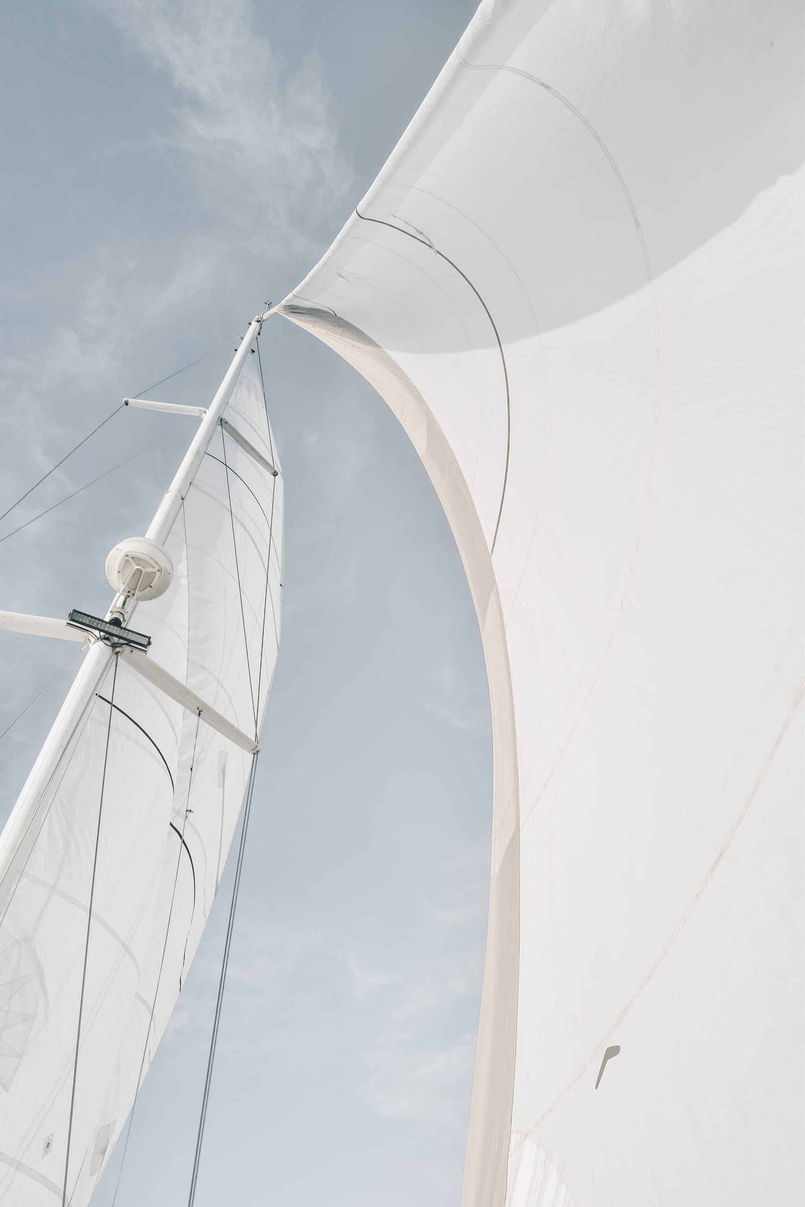 Close view of a white sail and mast