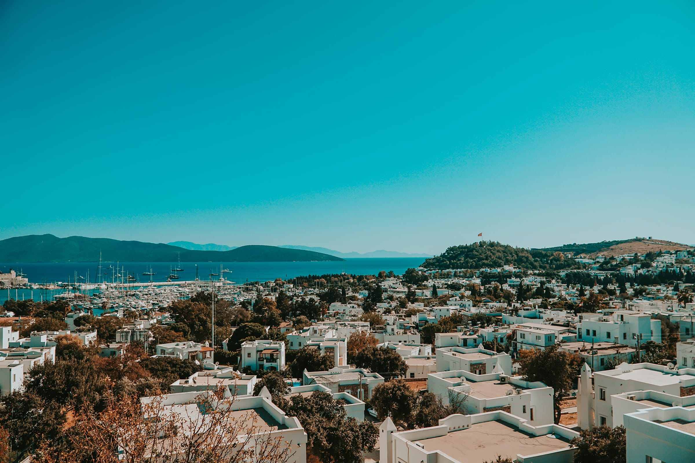 White houses on a hillside above Bodrum bay