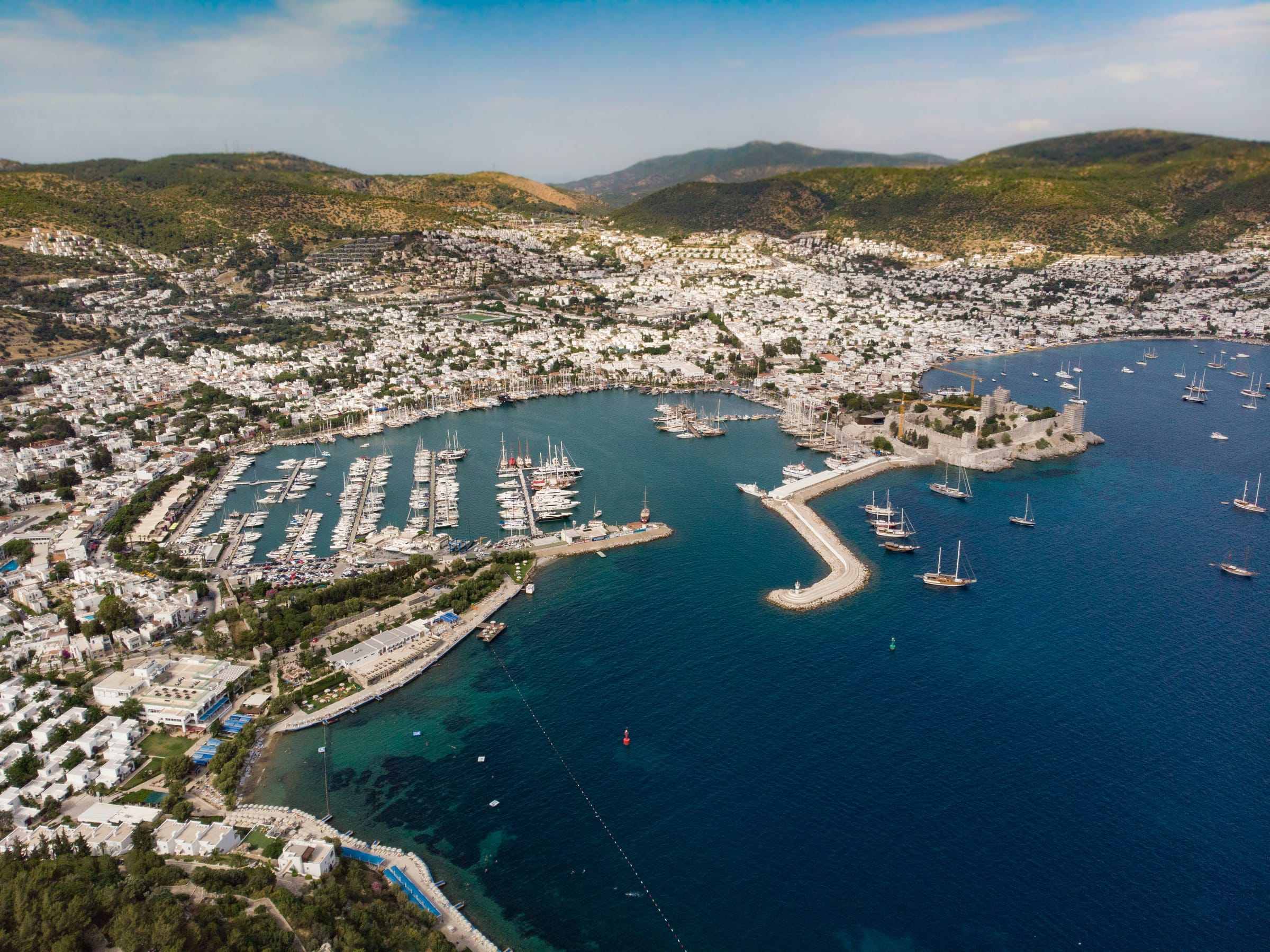 Aerial view of Bodrum bay, harbour and the surrounding town
